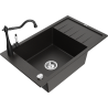 Mexen Elias 1-bowl granite sink with drainer and Carla kitchen faucet, black/gold metallic - 6511-75-670700-70