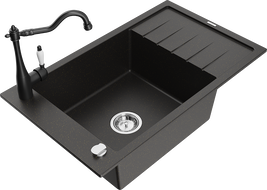 Mexen Elias 1-bowl granite sink with drainer and kitchen faucet Carla, black/gold metallic - 6511-75-670700-70