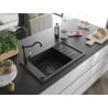 Mexen Elias granite sink 1-bowl with drainer and Carla kitchen tap, black/golden metallic - 6511-75-670700-70-B