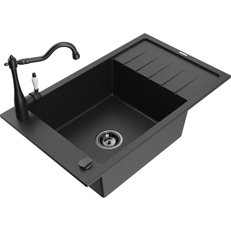 Mexen Elias granite kitchen sink 1-bowl with drainer and Carla kitchen faucet, black/gold metallic - 6511-75-670700-70-B