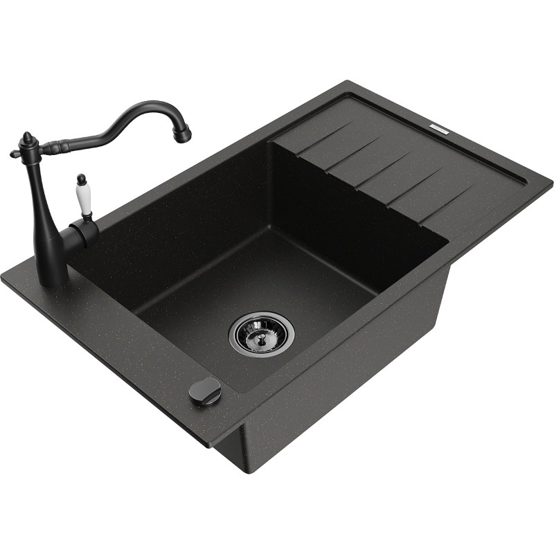 Mexen Elias granite kitchen sink 1-bowl with drainer and kitchen faucet Carla, black/golden metallic - 6511-75-670700-70-B