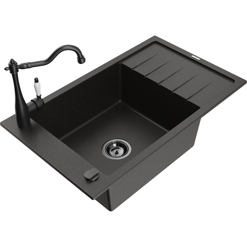 Mexen Elias granite sink 1-bowl with drainer and Carla kitchen tap, black/golden metallic - 6511-75-670700-70-B