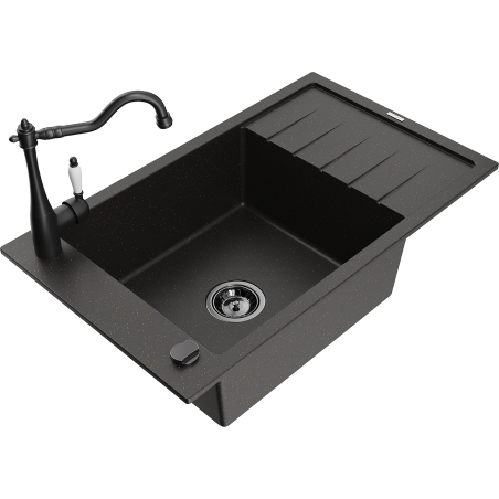 Mexen Elias granite kitchen sink 1-bowl with drainer and Carla kitchen faucet, black/gold metallic - 6511-75-670700-70-B