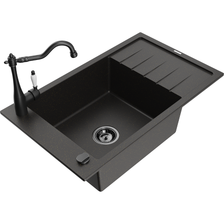 Mexen Elias granite kitchen sink 1-bowl with drainer and kitchen faucet Carla, black/golden metallic - 6511-75-670700-70-B