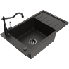 Mexen Elias granite kitchen sink 1-bowl with drainer and kitchen faucet Carla, black/golden metallic - 6511-75-670700-70-B