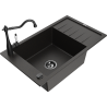 Mexen Elias granite sink 1-bowl with drainer and Carla kitchen tap, black/golden metallic - 6511-75-670700-70-B