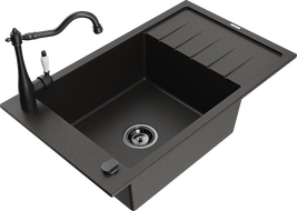 Mexen Elias granite kitchen sink 1-bowl with drainer and kitchen faucet Carla, black/golden metallic - 6511-75-670700-70-B