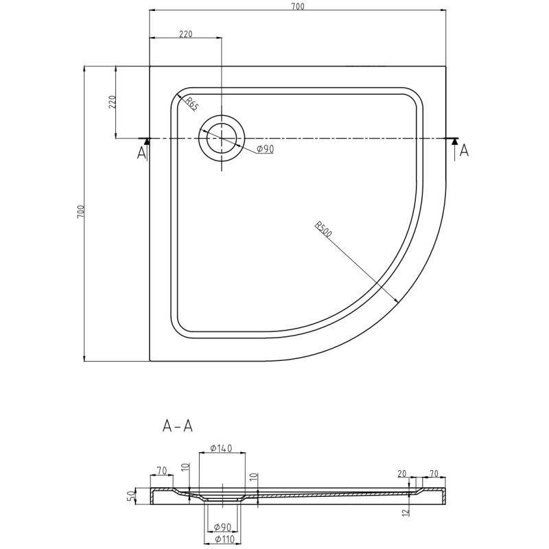 Mexen Flat semi-circular slim shower tray 70 x 70 cm, white, chrome siphon - 41107070