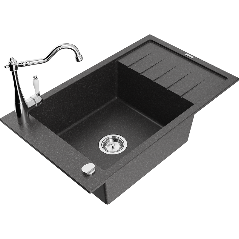 Mexen Elias granite sink 1-bowl with drainer and Carla kitchen tap, black speckled - 6511-76-670700-00