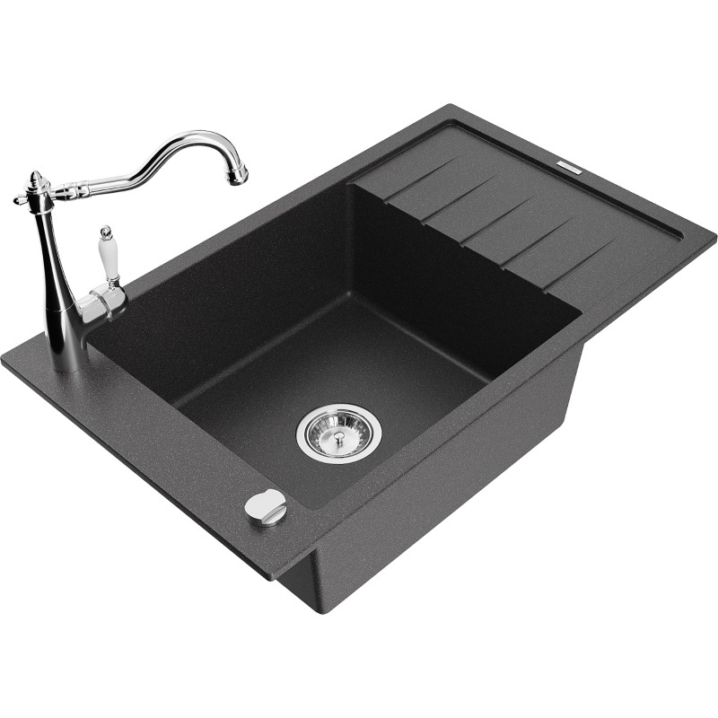Mexen Elias granite sink 1-chamber with drainer and kitchen faucet Carla, black speckled - 6511-76-670700-00