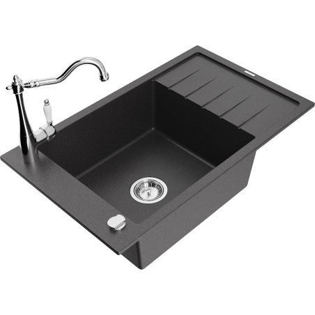 Mexen Elias granite sink 1-bowl with drainer and Carla kitchen tap, black speckled - 6511-76-670700-00