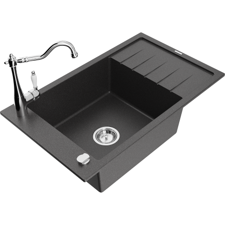 Mexen Elias granite sink 1-chamber with drainer and kitchen faucet Carla, black speckled - 6511-76-670700-00