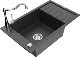 Mexen Elias granite sink 1-bowl with drainer and kitchen faucet Carla, black speckled - 6511-76-670700-00