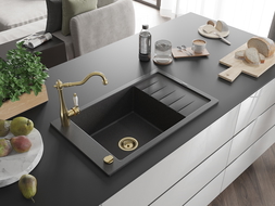 Mexen Elias granite sink 1-bowl with drainer and Carla kitchen tap, black speckled - 6511-76-670700-50