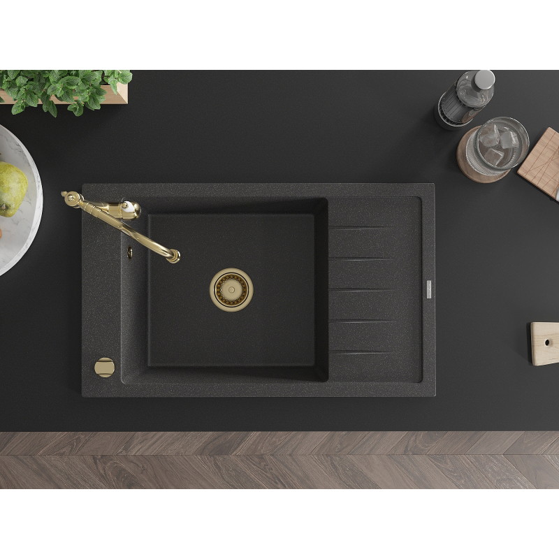 Mexen Elias granite kitchen sink 1-bowl with drainer and Carla kitchen tap, black speckled - 6511-76-670700-50