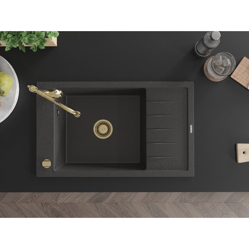 Mexen Elias granite kitchen sink 1-bowl with drainer and kitchen faucet Carla, black speckled - 6511-76-670700-50