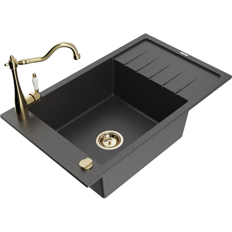 Mexen Elias granite kitchen sink 1-bowl with drainer and Carla kitchen tap, black speckled - 6511-76-670700-50