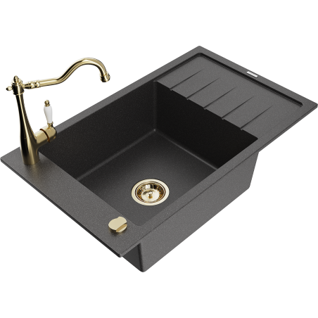 Mexen Elias granite kitchen sink 1-bowl with drainer and kitchen faucet Carla, black speckled - 6511-76-670700-50