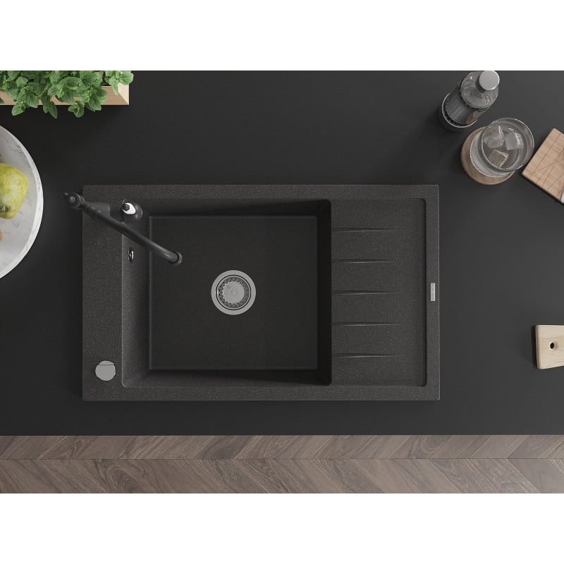 Mexen Elias granite sink 1-bowl with drainer and kitchen faucet Carla, black speckled - 6511-76-670700-70