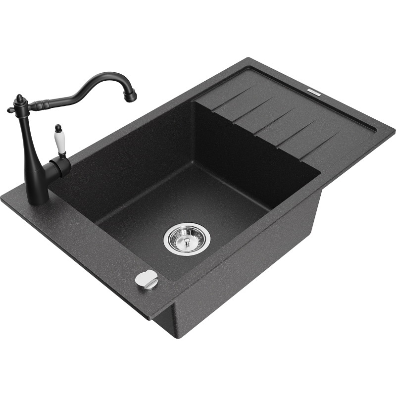 Mexen Elias granite sink 1-bowl with drainer and kitchen faucet Carla, black speckled - 6511-76-670700-70