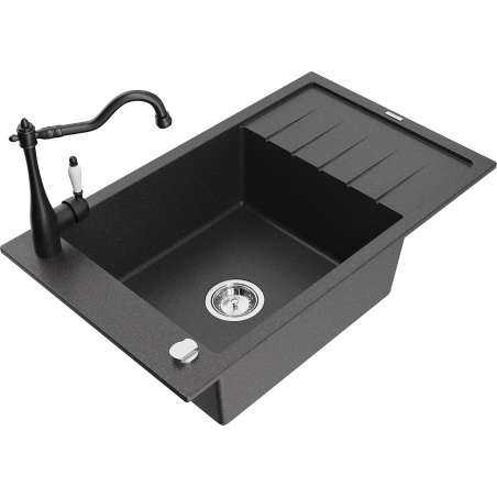 Mexen Elias granite sink 1-bowl with drainer and kitchen faucet Carla, black speckled - 6511-76-670700-70