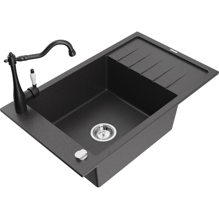 Mexen Elias granite sink 1-chamber with drainer and kitchen faucet Carla, black speckled - 6511-76-670700-70