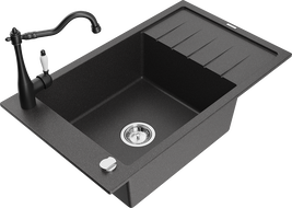 Mexen Elias granite sink 1-chamber with drainer and kitchen faucet Carla, black speckled - 6511-76-670700-70