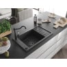 Mexen Elias granite sink single-bowl with drainer and Carla kitchen tap, black speckled - 6511-76-670700-70-B