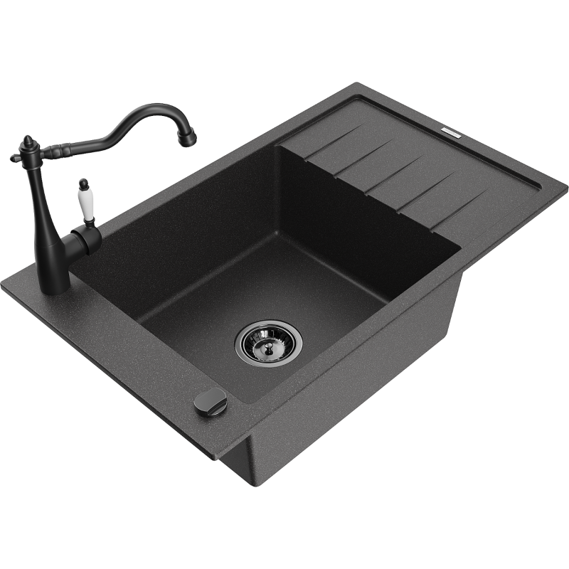 Mexen Elias granite sink single-bowl with drainer and Carla kitchen tap, black speckled - 6511-76-670700-70-B