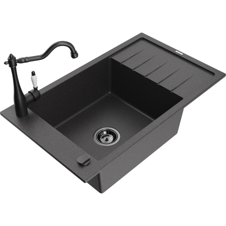 Mexen Elias granite kitchen sink 1-bowl with drainer and kitchen faucet Carla, black speckled - 6511-76-670700-70-B