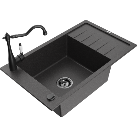 Mexen Elias granite sink single-bowl with drainer and Carla kitchen tap, black speckled - 6511-76-670700-70-B
