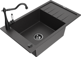 Mexen Elias granite kitchen sink with 1 bowl, drainer, and kitchen faucet Carla, black speckled - 6511-76-670700-70-B