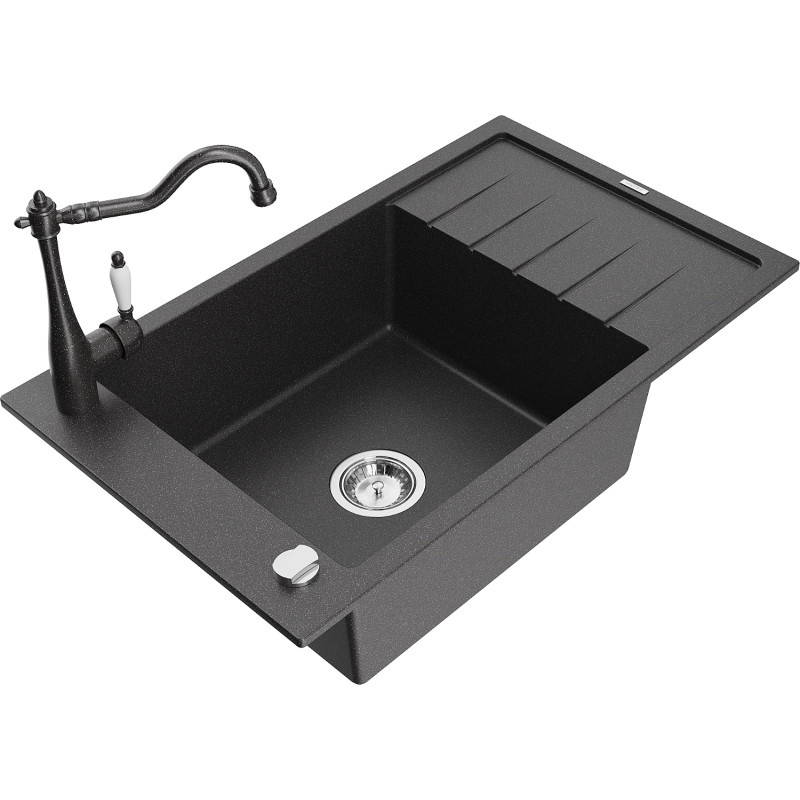 Mexen Elias Carla 1-Bowl Granite Sink with Drainer and Kitchen Faucet, Black Speckled - 6511-76-670700-76