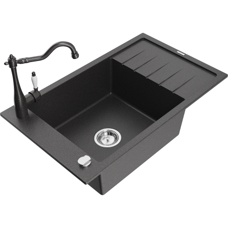 Mexen Elias 1-bowl granite sink with drainer and kitchen faucet Carla, black speckled - 6511-76-670700-76