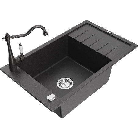 Mexen Elias granite sink with 1 basin, drainer, and Carla kitchen tap, black speckled - 6511-76-670700-76