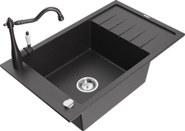 Mexen Elias Carla 1-Bowl Granite Sink with Drainer and Kitchen Faucet, Black Speckled - 6511-76-670700-76