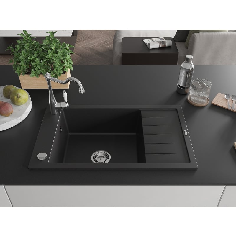 Mexen Elias 1-bowl granite kitchen sink with drainer and Carla kitchen faucet, black - 6511-77-670700-00