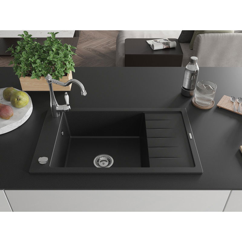 Mexen Elias granite sink single bowl with drainer and Carla kitchen tap, black - 6511-77-670700-00