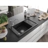 Mexen Elias 1-bowl granite kitchen sink with drainer and Carla kitchen faucet, black - 6511-77-670700-00