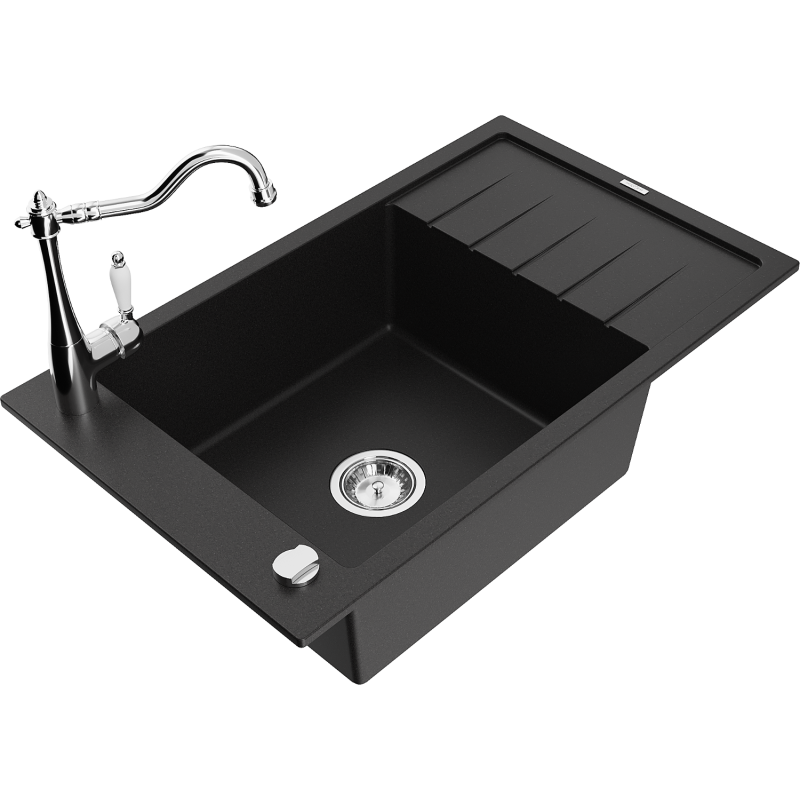 Mexen Elias 1-compartment granite sink with a drip tray and kitchen mixer tap Carla, Black - 6511-77-670700-00