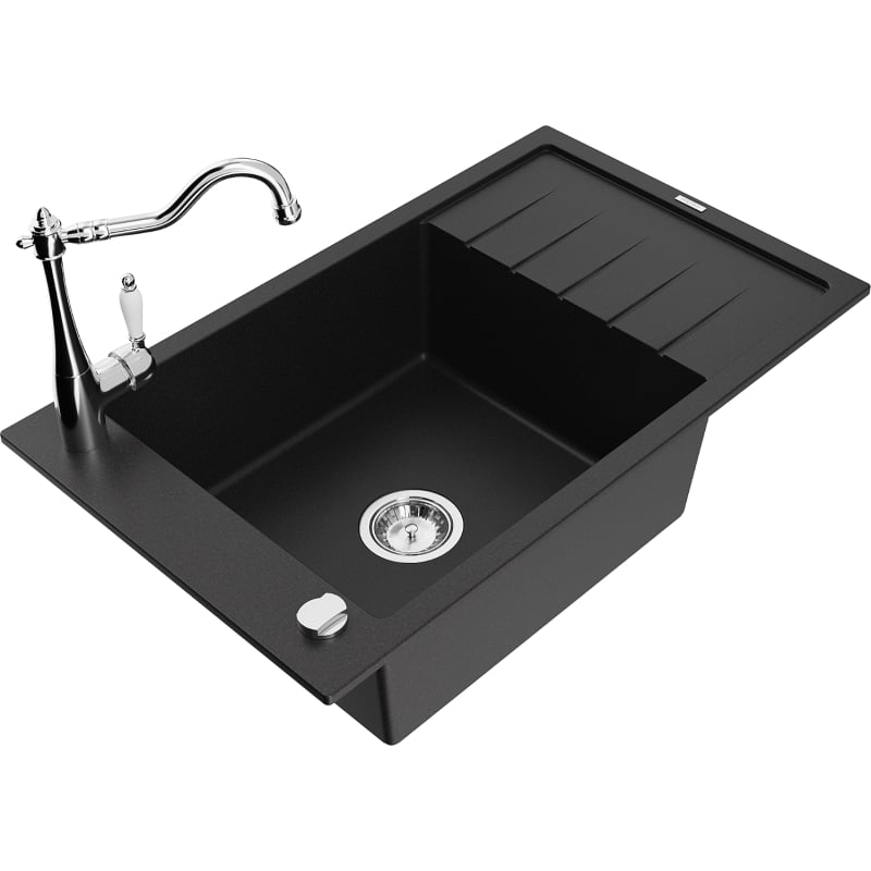 Mexen Elias granite 1-bowl sink with drainer and Carla kitchen faucet, black - 6511-77-670700-00