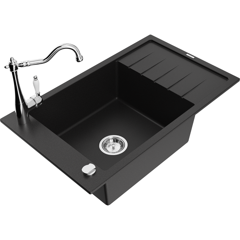 Mexen Elias granite sink single bowl with drainer and Carla kitchen tap, black - 6511-77-670700-00