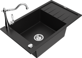 Mexen Elias 1-compartment granite sink with a drip tray and kitchen mixer tap Carla, Black - 6511-77-670700-00