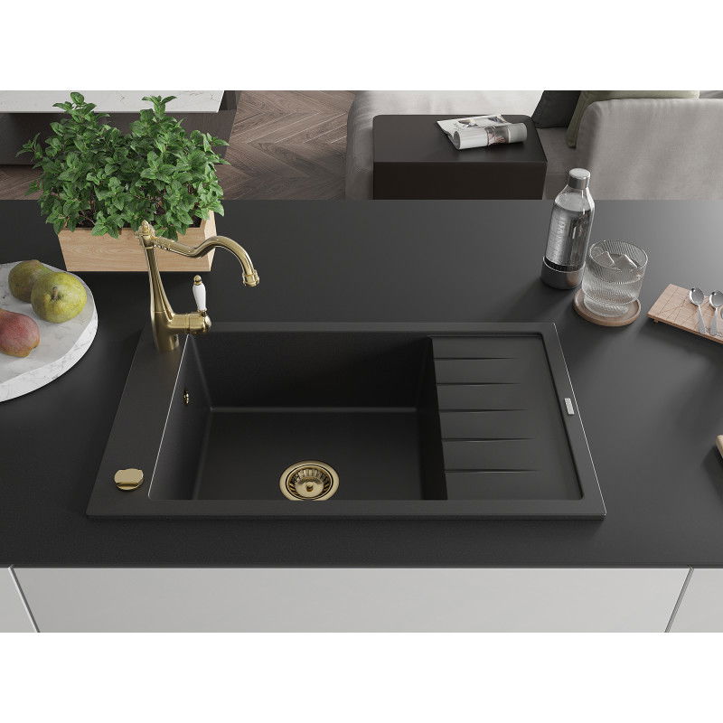 Mexen Elias granite kitchen sink single-bowl with drainer and Carla kitchen tap, black - 6511-77-670700-50