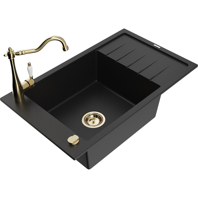 Mexen Elias 1-bowl granite sink with drainer and Carla kitchen faucet, black - 6511-77-670700-50