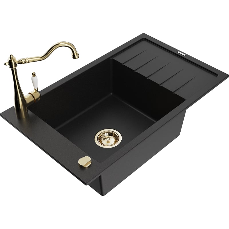 Mexen Elias 1-bowl granite sink with drainer and kitchen faucet Carla, black - 6511-77-670700-50