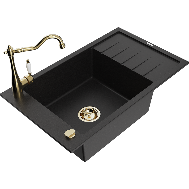 Mexen Elias 1-compartment granite sink with a drip tray and kitchen mixer tap Carla, Black - 6511-77-670700-50
