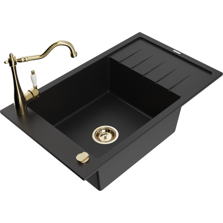Mexen Elias 1-compartment granite sink with a drip tray and kitchen mixer tap Carla, Black - 6511-77-670700-50