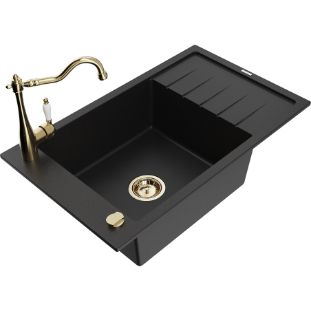 Mexen Elias granite kitchen sink single-bowl with drainer and Carla kitchen tap, black - 6511-77-670700-50