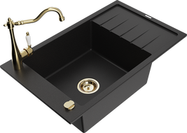 Mexen Elias 1-compartment granite sink with a drip tray and kitchen mixer tap Carla, Black - 6511-77-670700-50